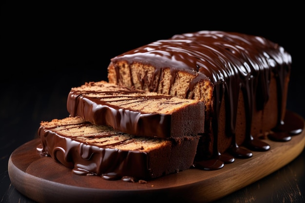 Dark and rich chocolate pound cake served with a creamy ganache on a brown wooden background