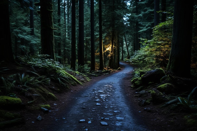 a dark road in the middle of a forest at night