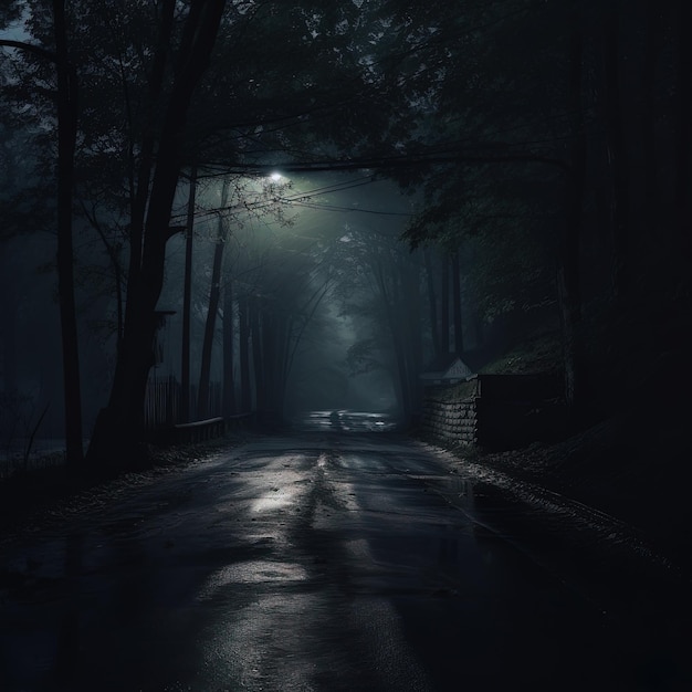 a dark road with a car on it and a light on the top