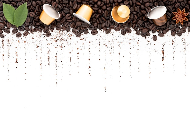 Dark roasted coffee beans setup on white background with copy space