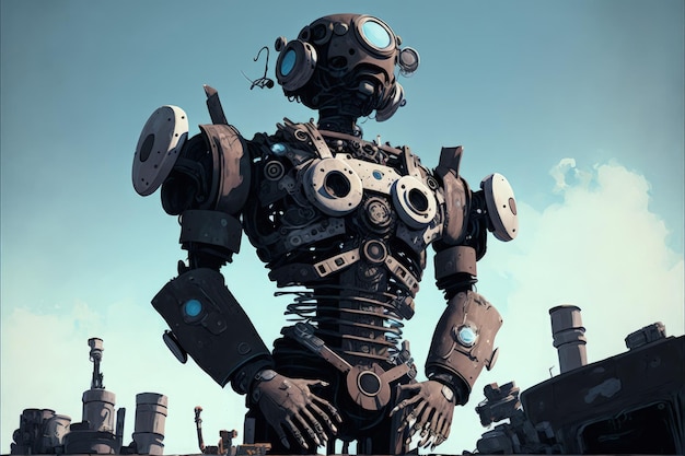 Dark robot gripping mechanical limb atop scrap heap Fantasy concept Illustration painting Generative AI