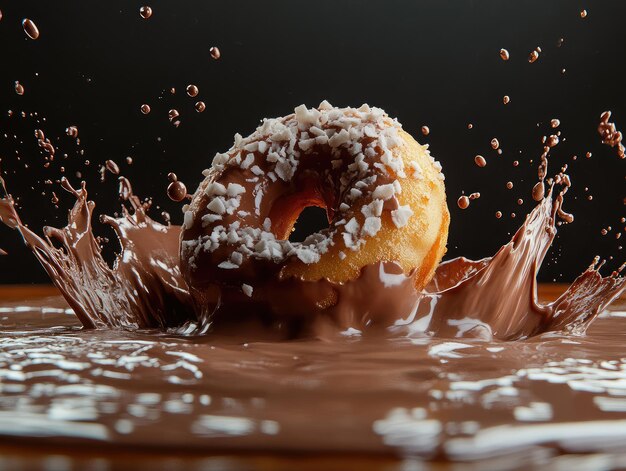 Photo in a dark room a donut fell into hot chocolate waves scattered around the room studio light macro photography ar 43 v 61 job id b6e96d8f170c488cb6a005ceda3b3924