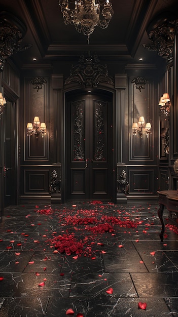 the dark room of the house with flowers on the floor