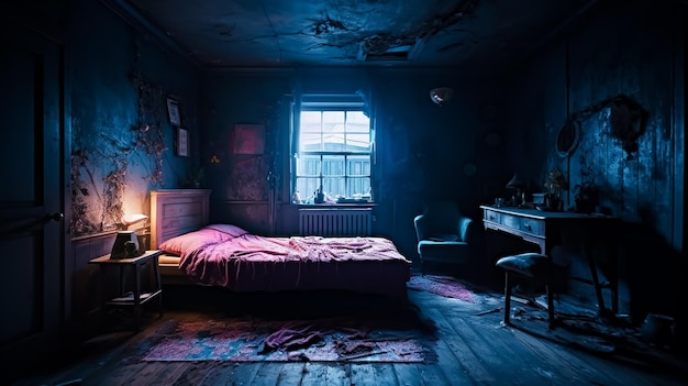 A dark room with a bed and a desk with a lamp on it