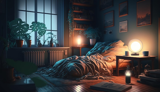 A dark room with a bed, a lamp, a book, and a plant on the wall.