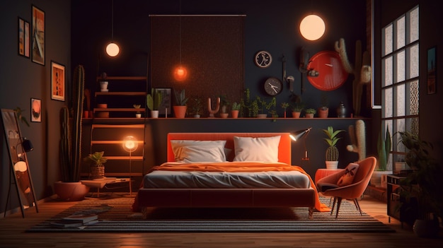 A dark room with a bed and plants on the wall.