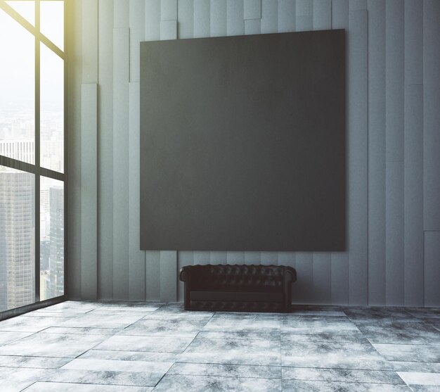 Dark room with black picture frame and window mock up