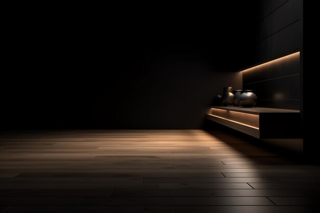 A dark room with a black wall and a wooden shelf with a lit up light.