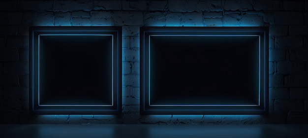 a dark room with a blue and black background with a blue led light