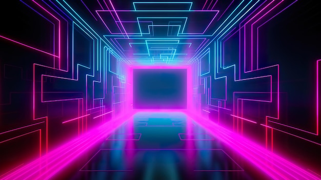 A dark room with a blue and pink neon light.