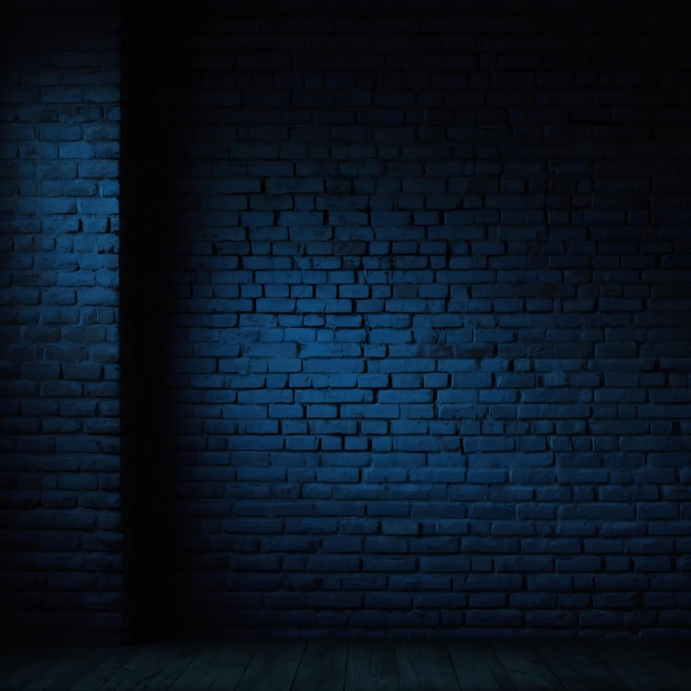 a dark room with a brick wall and a blur of blue light