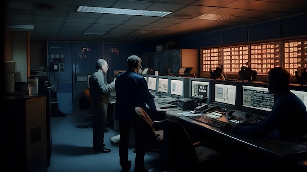 A dark room with a bunch of monitors on the left and a man standing in front of them.