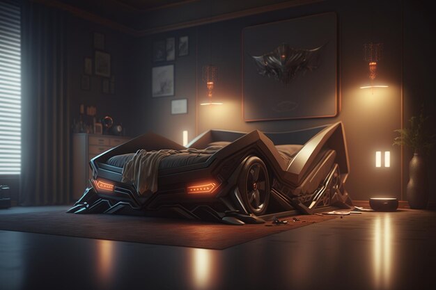 A dark room with a car bed and a poster that says'speed racer '