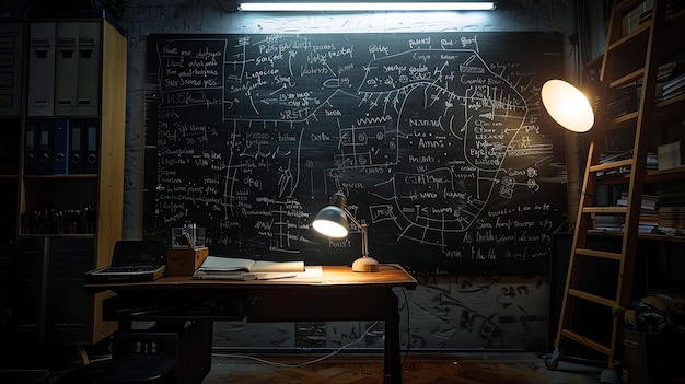 A dark room with a chalkboard covered in writing a desk with a lamp and a notebook and a bookshelf with a ladder