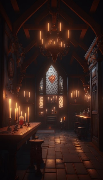 A dark room with a chandelier and a stained glass window.