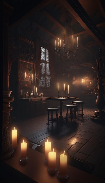 A dark room with a chandelier and a table with candles.