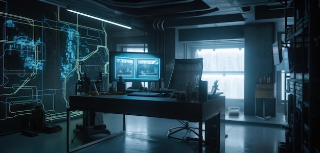 A dark room with a computer desk and a monitor that says'cyberpunk'on it