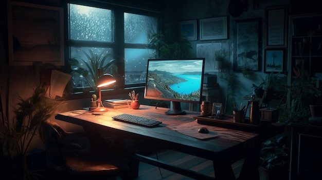 A dark room with a computer and a window with rain on the window.