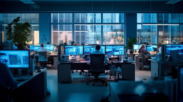 A dark room with computers and people working on computers.