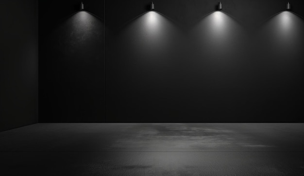 Photo a dark room with a concrete floor and black walls illuminated by four ceiling spotlights casting focused beams of light down the wall in a symmetrical arrangement