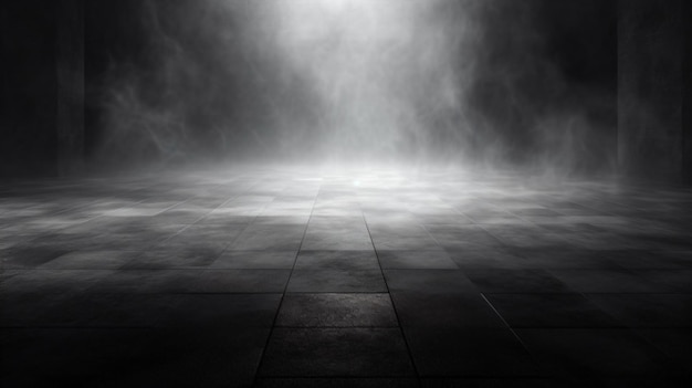 a dark room with a concrete floor and a light coming from the ceiling