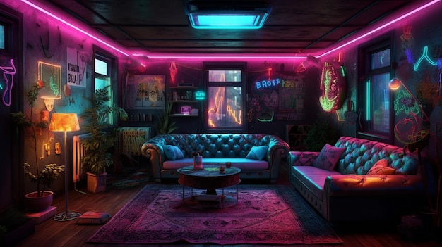 A dark room with a couch and a couch with neon lights on it.