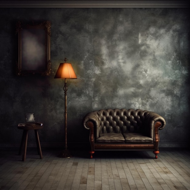 A dark room with a couch and a lamp on it