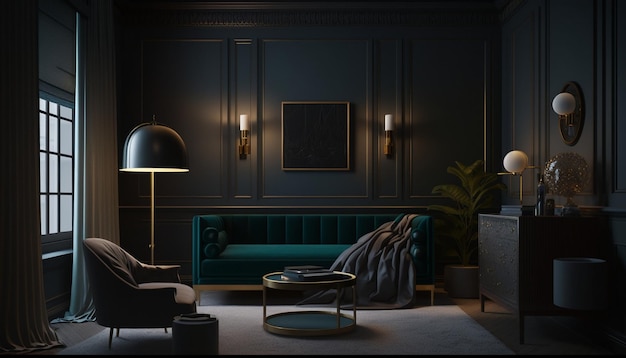 A dark room with a couch and a lamp on the wall.