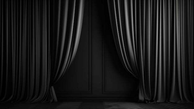 A dark room with a curtain that says'the word " on it.