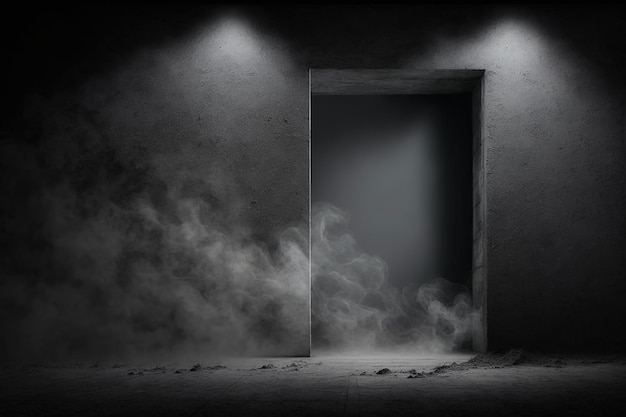 A dark room with a dark door and smoke coming out of it.