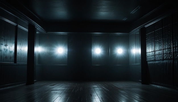 a dark room with a dark wall and a light on the left