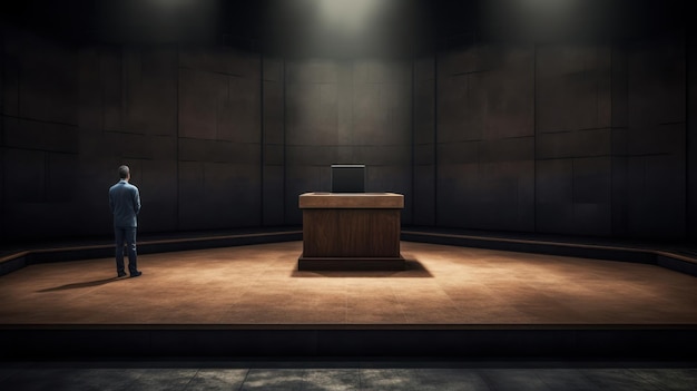 A dark room with a desk and a spotlight on the wall.