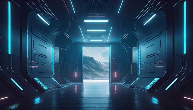 A dark room with a door modern scifi futuristic background