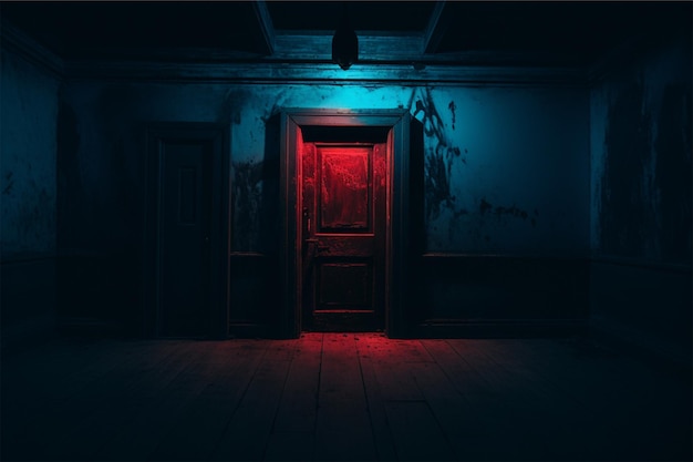 A dark room with a door and a red and blue light