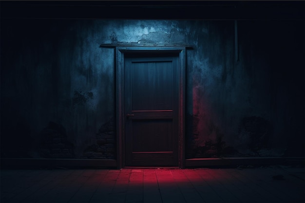 A dark room with a door and a red and blue light