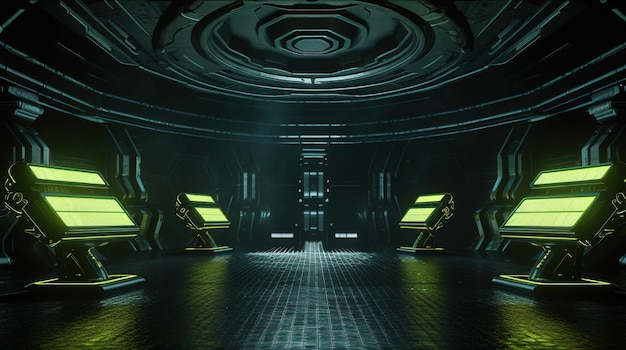 A dark room with a glowing light and a display stage for display scifi products