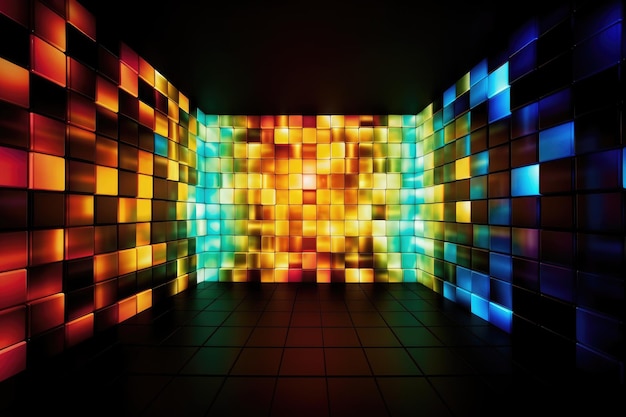 A dark room with a glowing wallpaper and a colorful cube wallpaper.