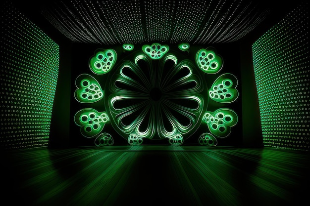 A dark room with a green background with a flower pattern on it.