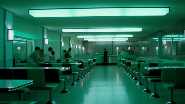 A dark room with a green light on the ceiling and people standing in the background.