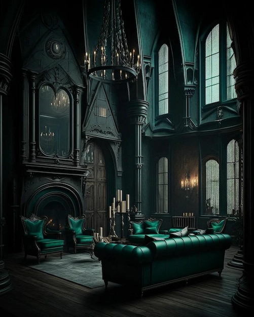 A dark room with a large couch and a fireplace.