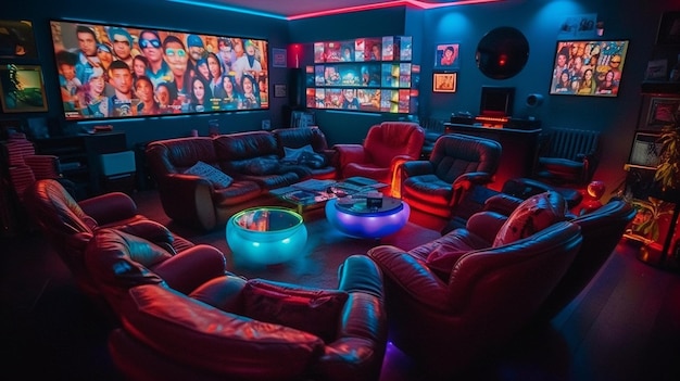 A dark room with a large screen that says'club'on it