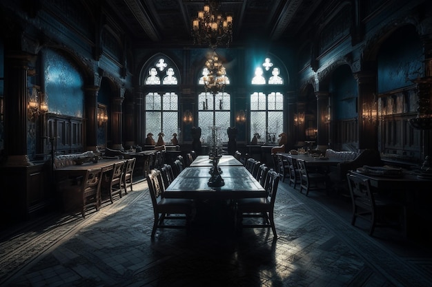 A dark room with a large table in the middle and a large window with the words " the witcher " on the left.