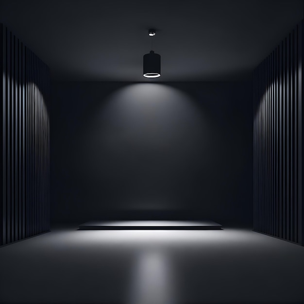 A dark room with a light on the ceiling and a black background.