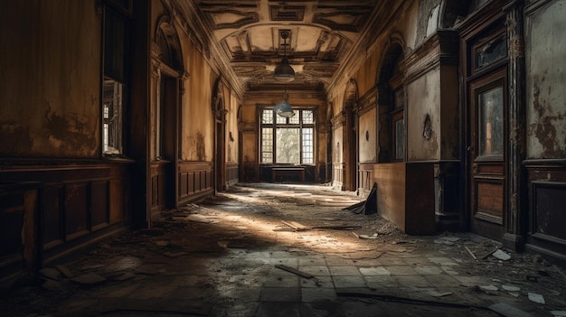 A dark room with a light on the ceiling