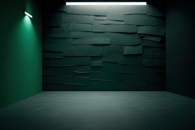 A dark room with a light on the wall and a green wall with a light on it.