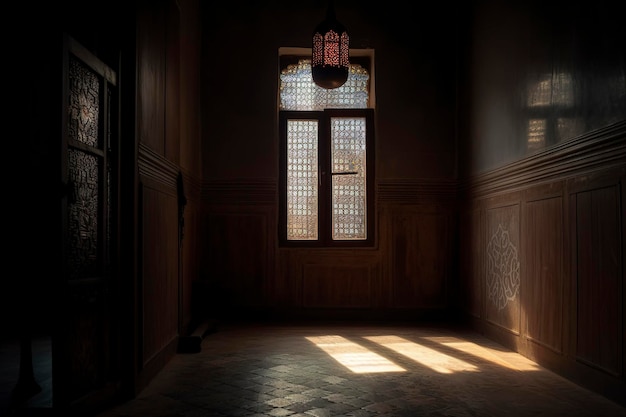 A dark room with a light on the window and a red light hanging from the ceiling.