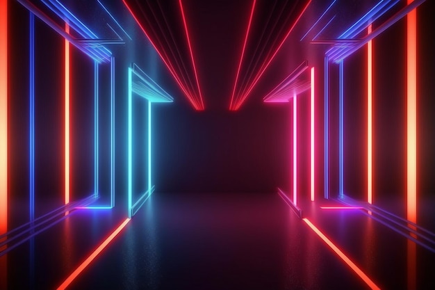 A dark room with neon lights and a dark background.