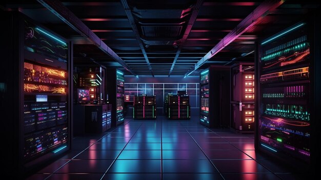 A dark room with neon lights and a dark room with a bunch of computer monitors.