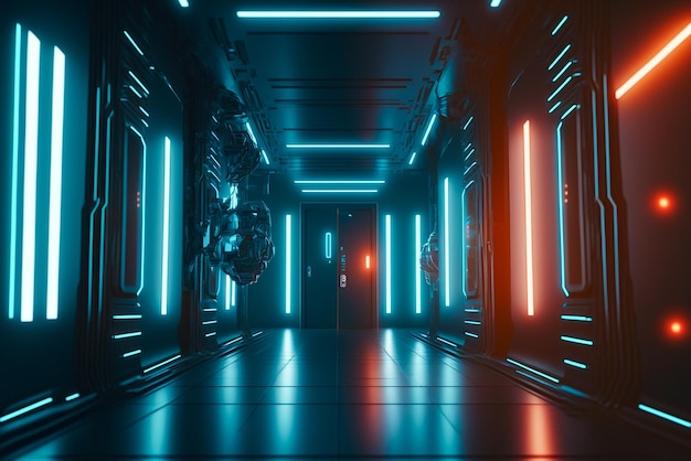 A dark room with neon lights and a door that says'the word'on it '