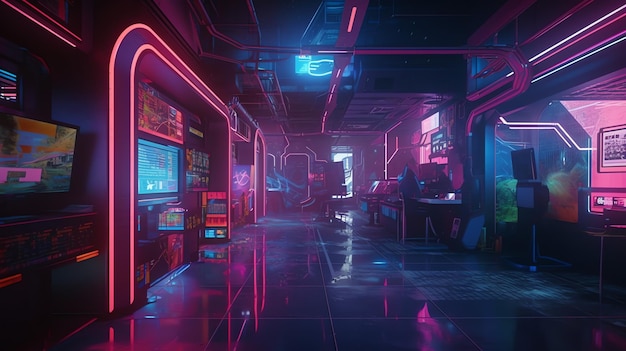 A dark room with neon lights and a sign that says'cyberpunk '